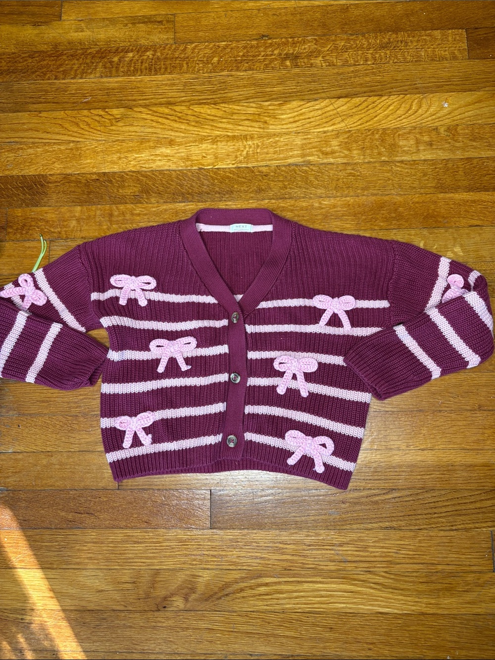 next Burgundy and Pink Bow-Accent Knit Cardigan